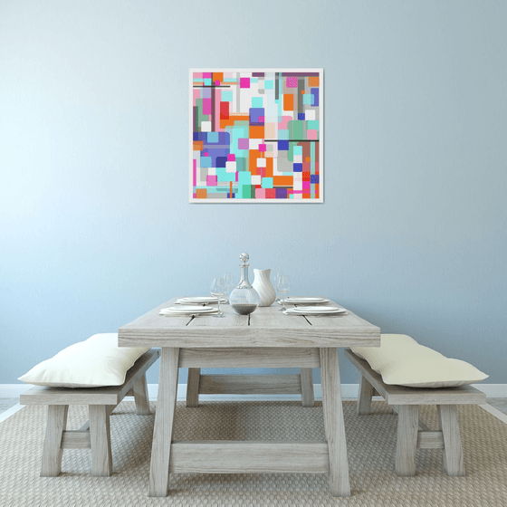 Abstraction artwork multi-colored orang yellow white pink blue black abstract