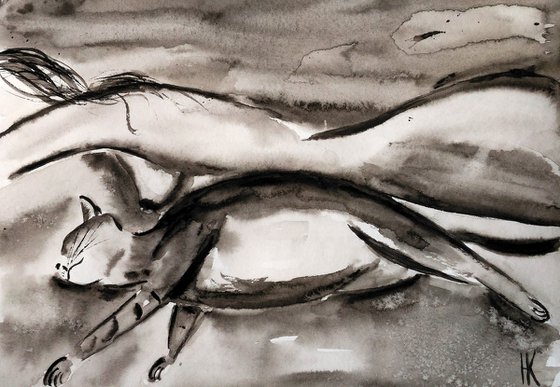 Nude Painting Female Original Art Woman Nude Watercolor Artwork Cat Black Monochrome Wall Art 17 by 12 inches