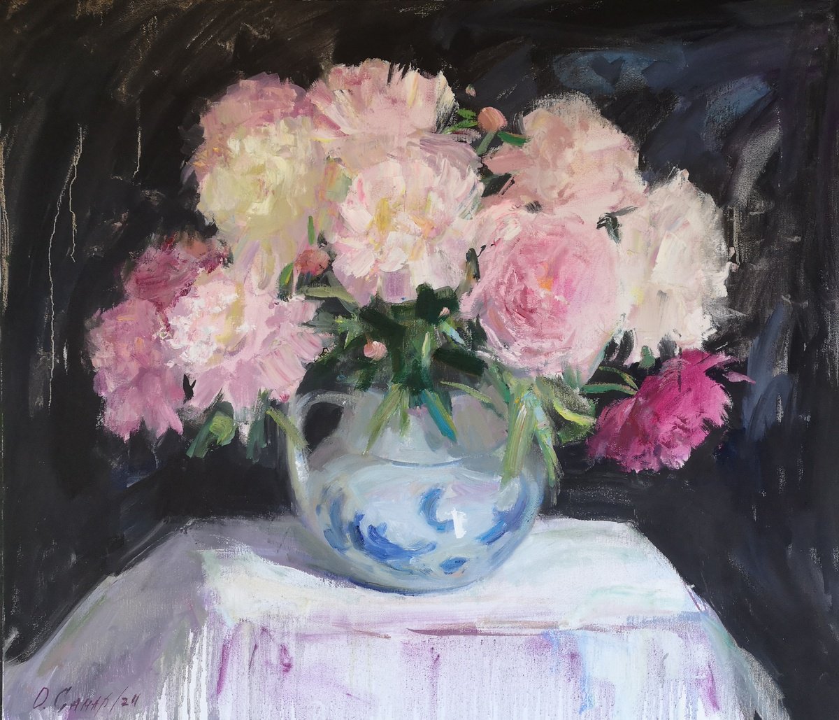Impressionistic Botanical Oil Painting By Olga Samar, 28 X 24", Peonies On A Black Background, Original Artwork