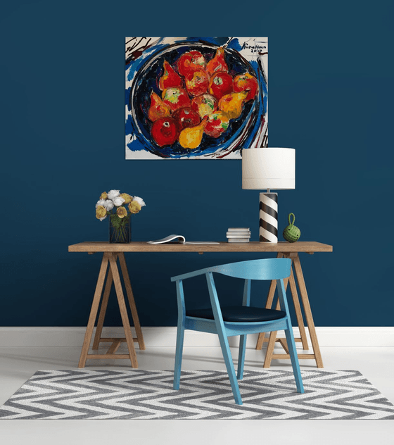 BLUE and RED - Still- life with fruits, original oil painting, mediim size gift, kitchen restaurant living room, dining room, birthday gift, apple pear, 73x85cm