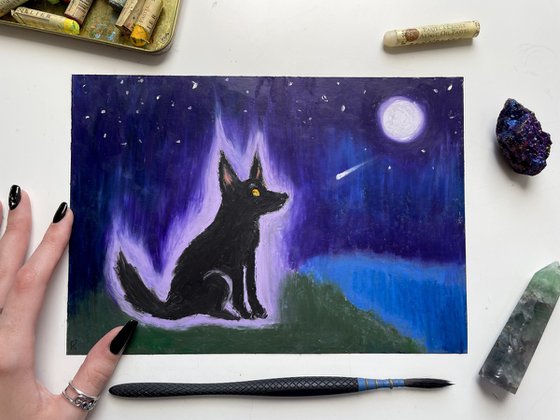 Black Dog Painting, Original Oil Pastel Drawing, Ghost Illustration, Halloween Wall Art