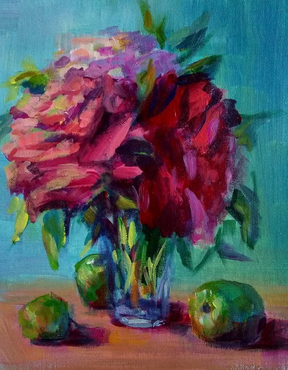 Roses and apples on the table Still life with flowers