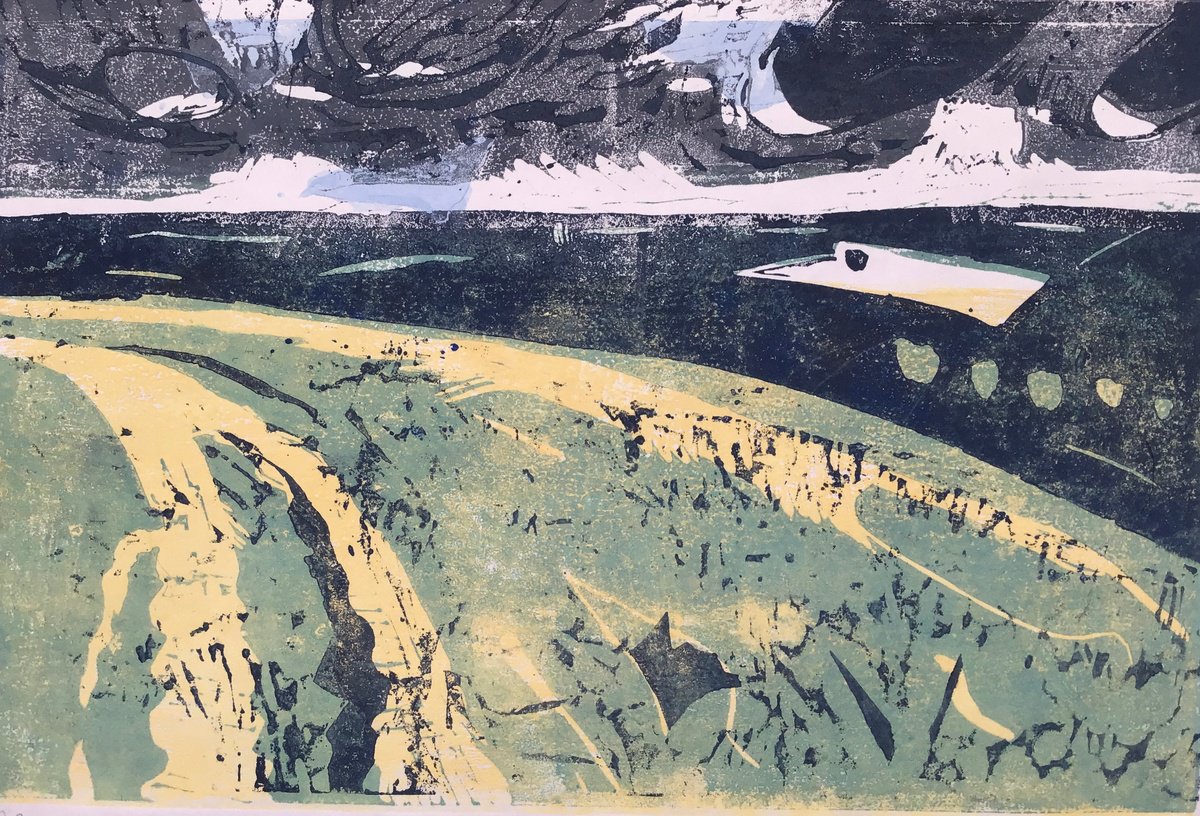 Organic Landscape Linocut By Sandra Haney, 16 X 10", The View, Original Artwork