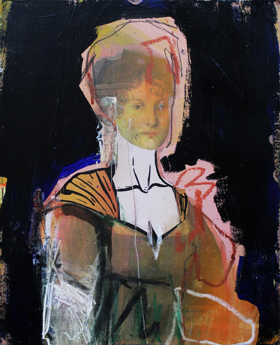 Expressive Portrait Acrylic Painting By Milos Hronec, 13 X 17", Cross-Section Through Time Vi, Original Artwork