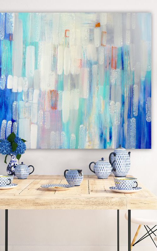 Zeros and ones (large contemporary abstract in blue and greys) by Carolynne Coulson