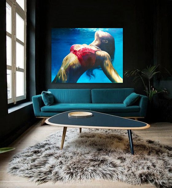 Large original underwater painting large wall art underwater artwork "Kiss me sea"