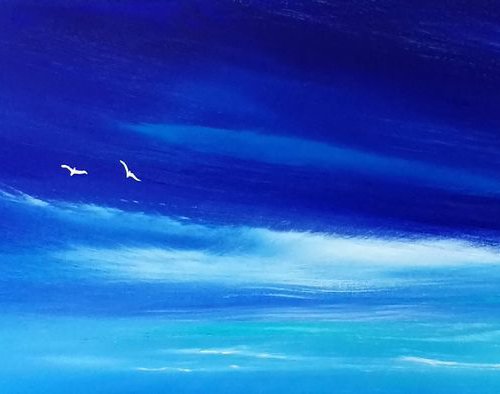 Fly Away With Me - Blue, Birds Flying, Panoramic, Cornwall, Scotland, Coast, Seascape by Mel Graham