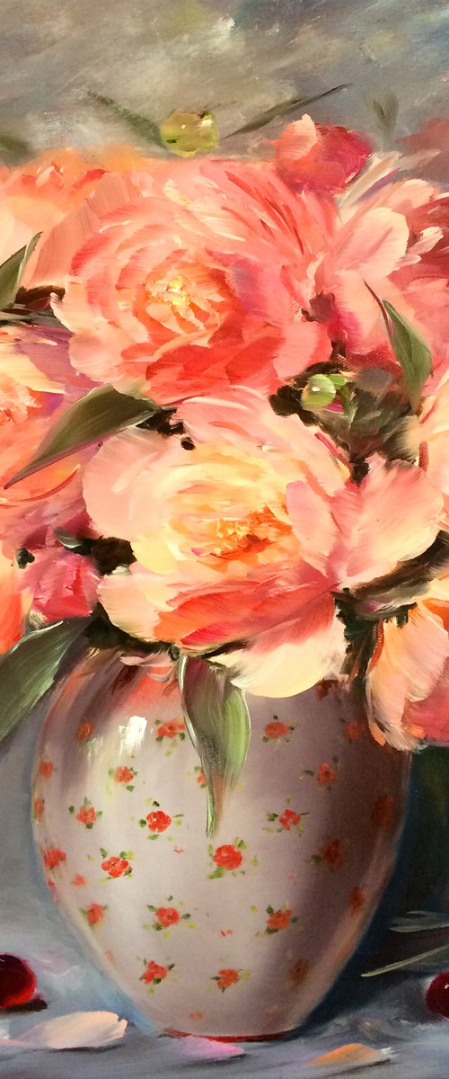 RESH BOUQUET OF DELICATE PEONIES - Modern still life. Colorful peonies. Magic flowers. Beautiful bouquet. Petals. Abstraction. Dreams. by Marina Skromova
