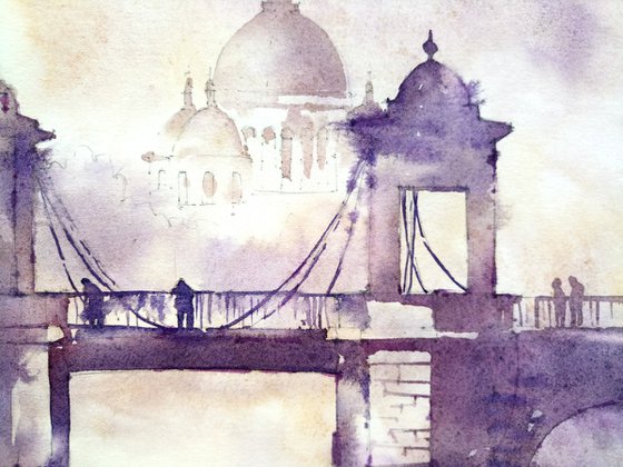 "Romantic city landscape with a bridge, St. Petersburg" architectural landscape - Original watercolor painting