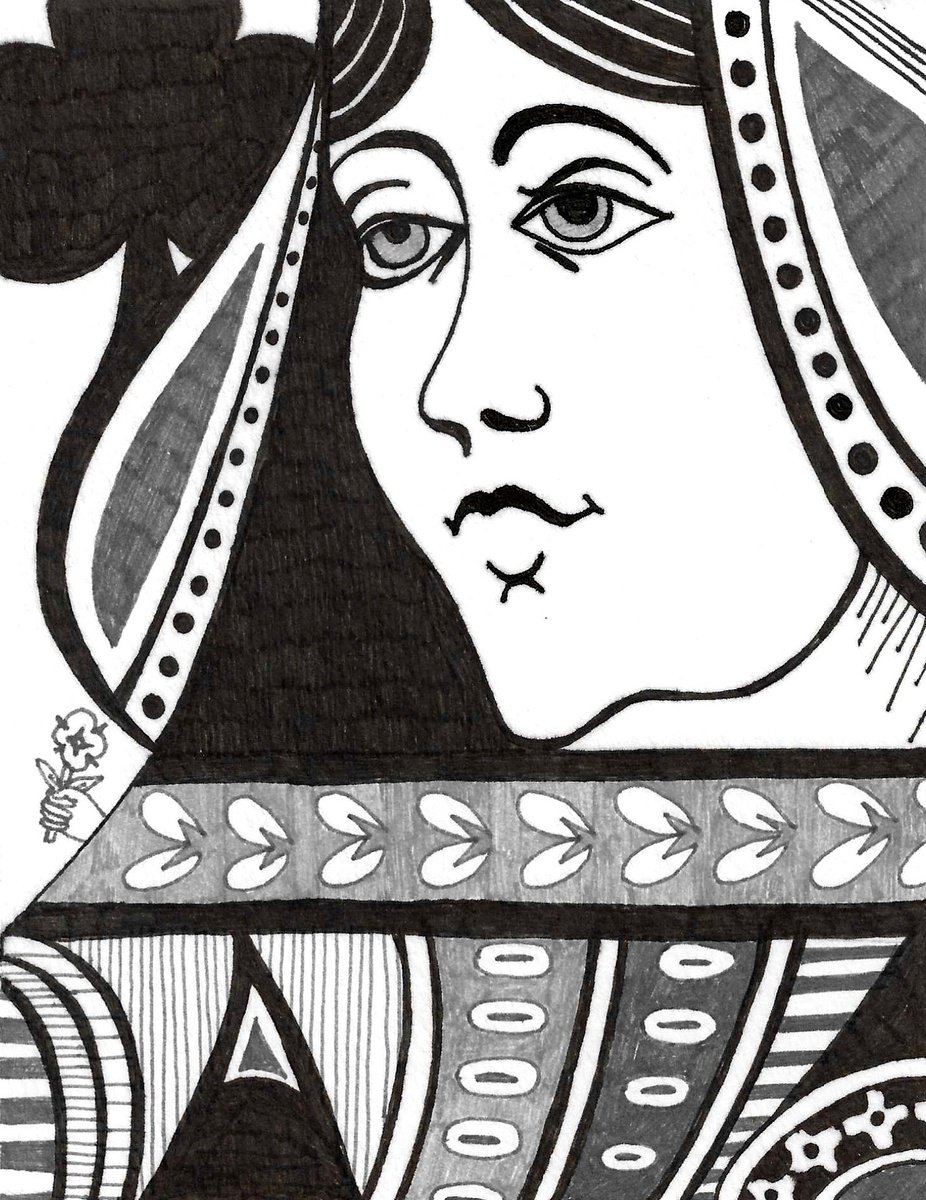 Portrait Ink Drawing By Andromachi Giannopoulou, 5 X 6, Queen Of Clubs, Original Artwork