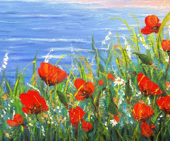 Sunset seascape and poppies