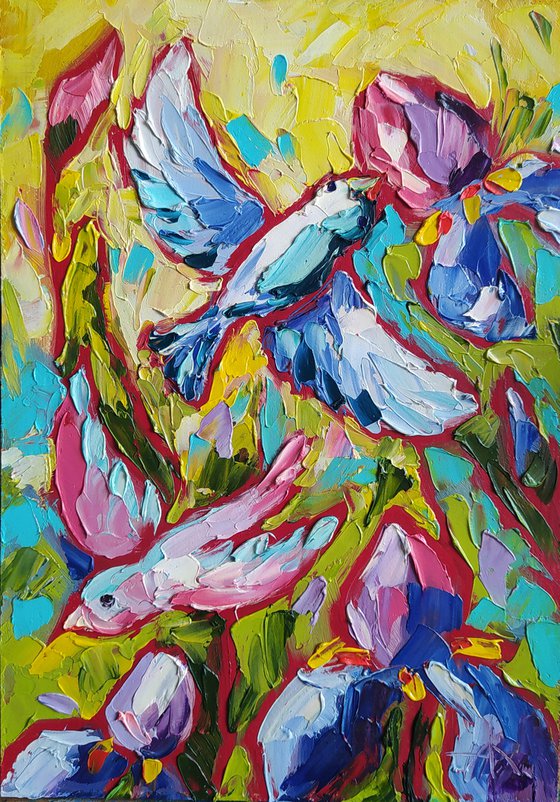 Dance in the garden - love, birds, hummingbird, love, irises, flowers, oil painting, irises flowers, gift idea