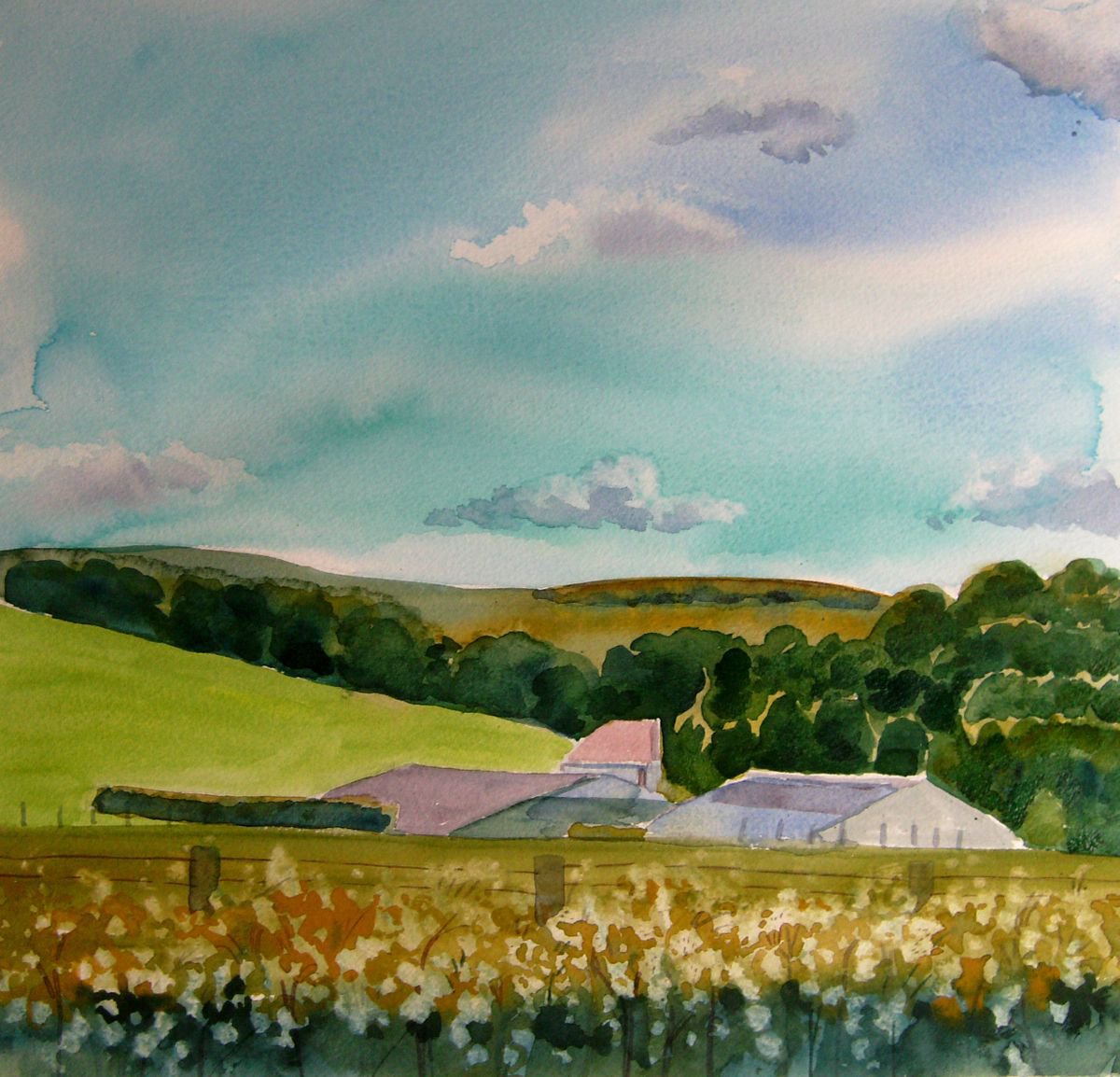 Green Fields with farm- landscape painting by Mary Stubberfield