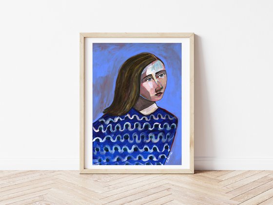 Woman in Blue Sweater Naive Portrait Lady Girl Looking Up and Thinking