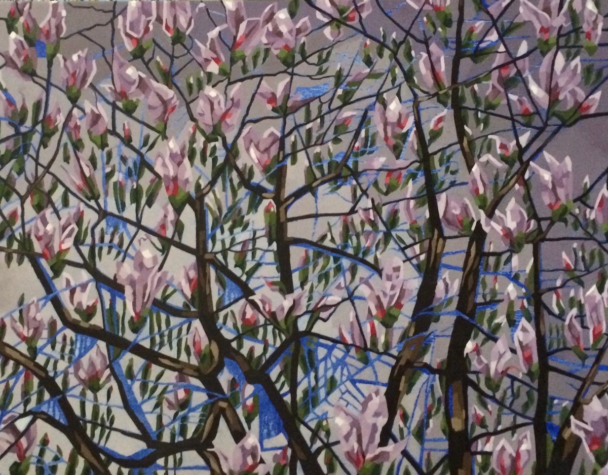 Expressive Botanical Oil Painting By Tarja Laine, 35 X 28", Magnolia Is Magic, Original Artwork