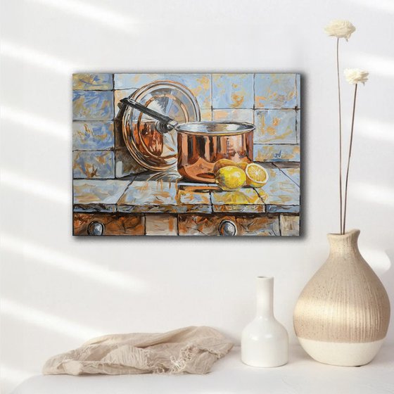 Simple joy. Copper pot and lemons.