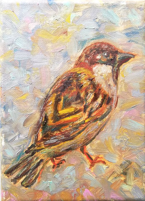 "Sparrow Portrait" | Bird Painting Original Canvas Hand-painted Oil Miniature by Katia Ricci