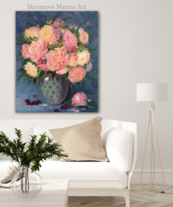 CORAL PEONIES IN A VASE - Still life. Delicate peonies. Unusual flowers. Blooming buds. Pastel shades. Luxurious. Peach.