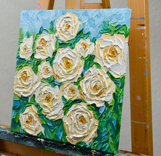 White Roses - Heavy Impasto Floral Painting, Palette Knife Art