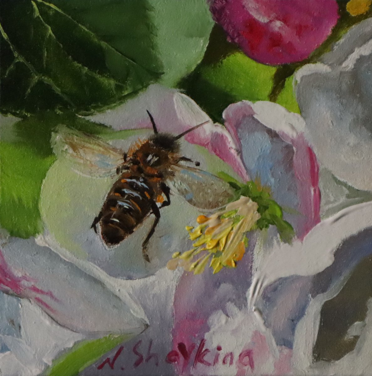 Original Painting of Bee, Artwork framed 4x4 (10x10 cm), Honey Bee Wall Art, Thank you gi... by Natalia Shaykina