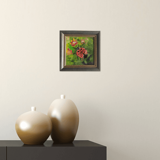 Ladybird, original small framed oil painting, gift idea, art for home