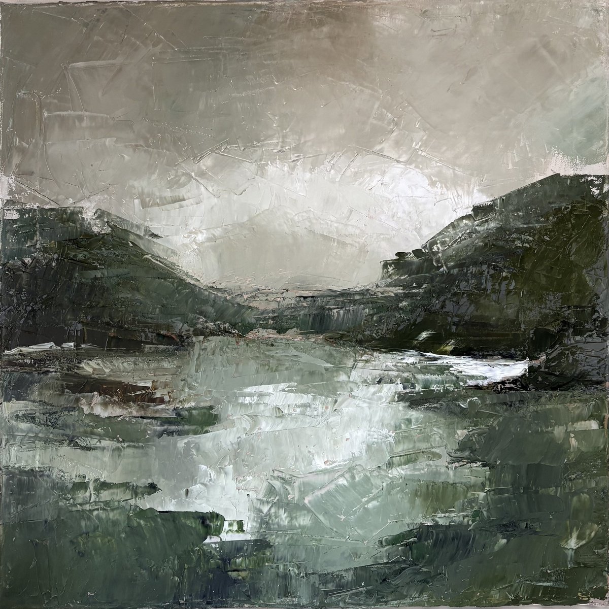 Expressive Oil Painting , Dark Textured Green Lagoon River Mountains By Daniela Nocito, 20 X 20, Artwork For Sale On Artfinder