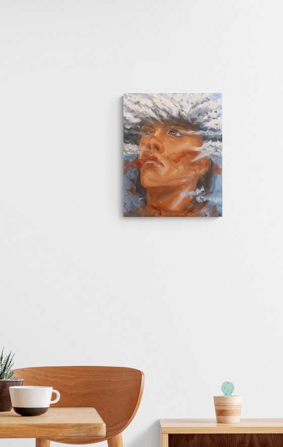 Cloudy. Oil human portrait. Abstract portrait 40x50x1.5cm/ 19.7x15.7x0.6in