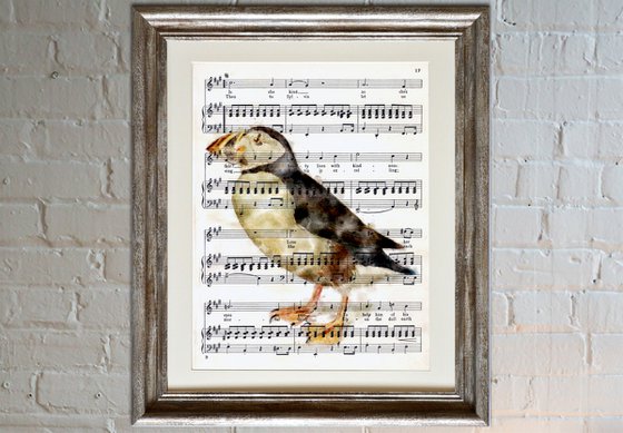 The Puffin - Digital Art on the Original Vintage Music Sheet Page