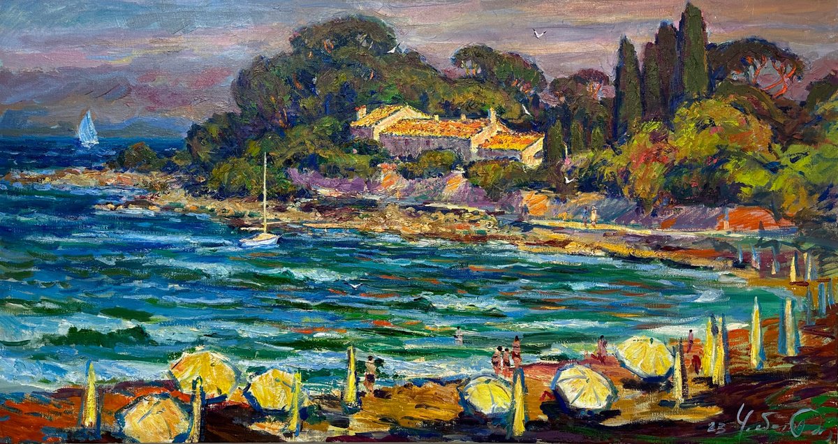 Impressionistic Cityscapes Oil Painting By Andrii Chebotaru, 59 X 31, Evening Beach, La Garoup, Antibes France. Antibes., Artfinder