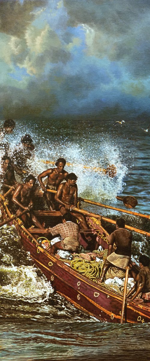 Fishermen and wave by K Shaji