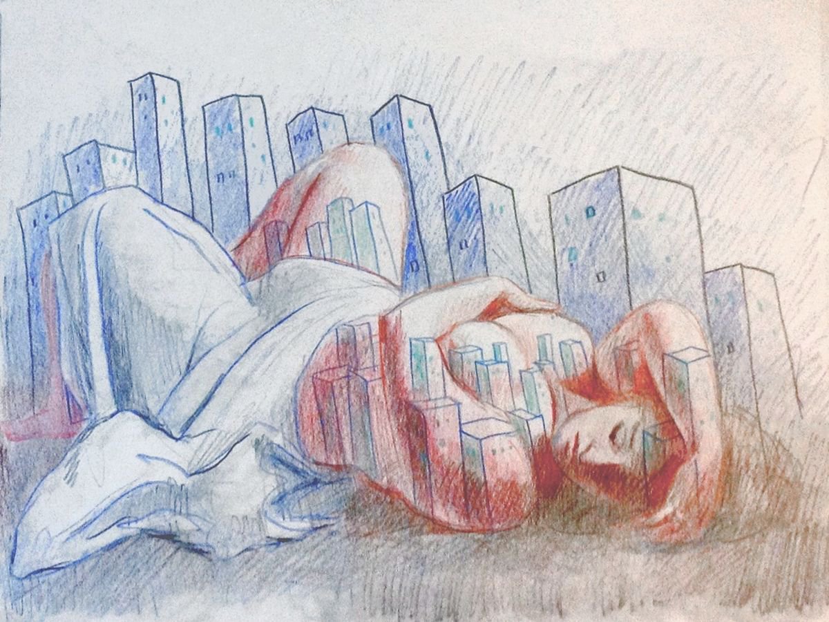 Surrealistic Cityscapes Pastel Drawing By Paolo Beneforti, 14 X 11", Laying Down, Original Artwork