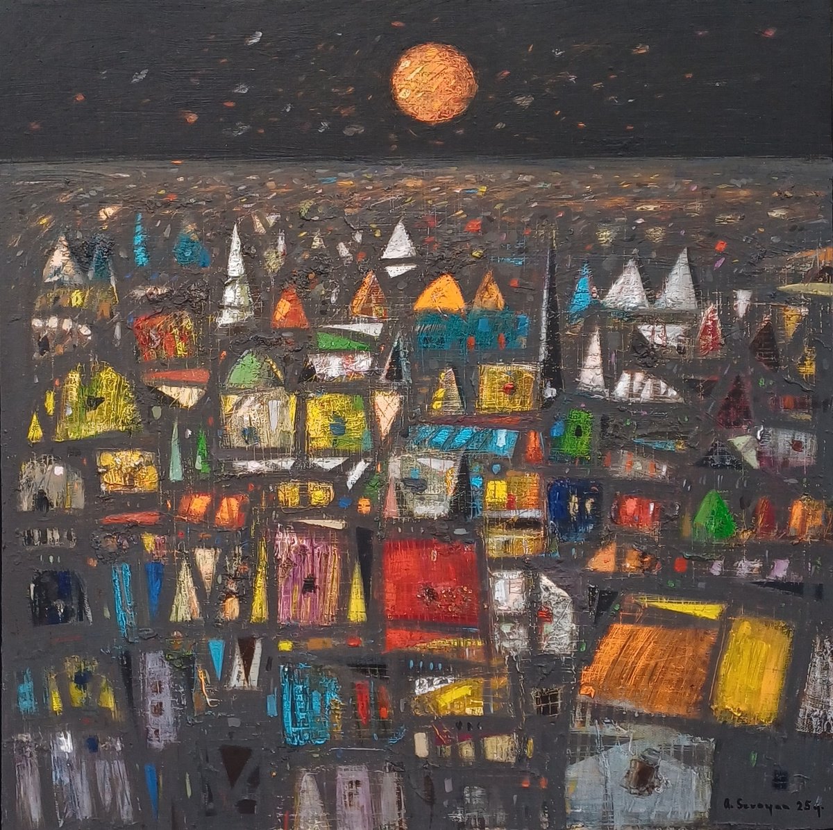 Golden Moon Above City By Aram Sevoyan, 24 X 24, Artwork For Sale On Artfinder