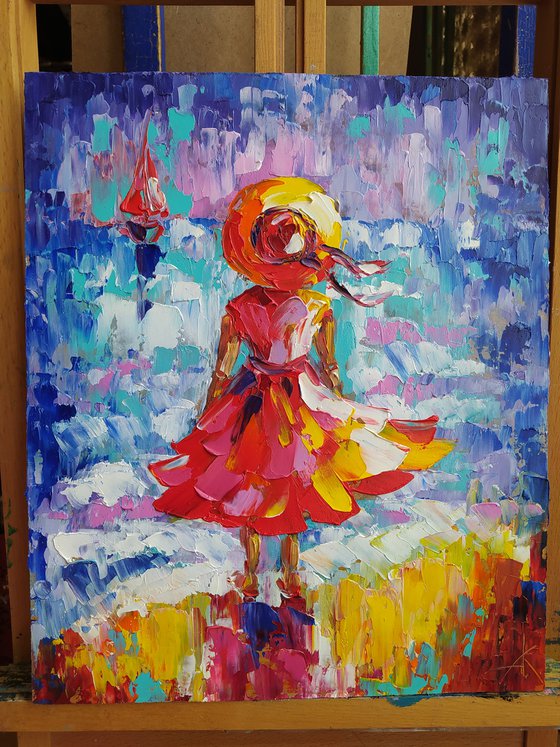 Meeting love -  oil painting, love, child, sail, boat, sea, sea and beach, childhood, sea and sky, girl, seascape, children
