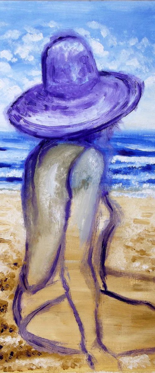 SEASIDE GIRL - GIRL WITH A HAT - Oil painting (38x46cm) by Wadih Maalouf