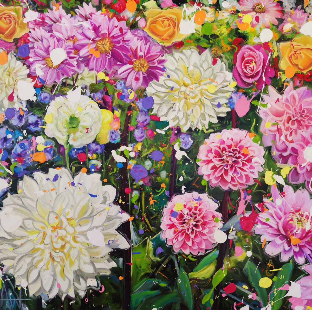 Abstract Botanical Oil Painting By Angie Wright, 35 X 35, Blooming Beautiful, Original Artwork