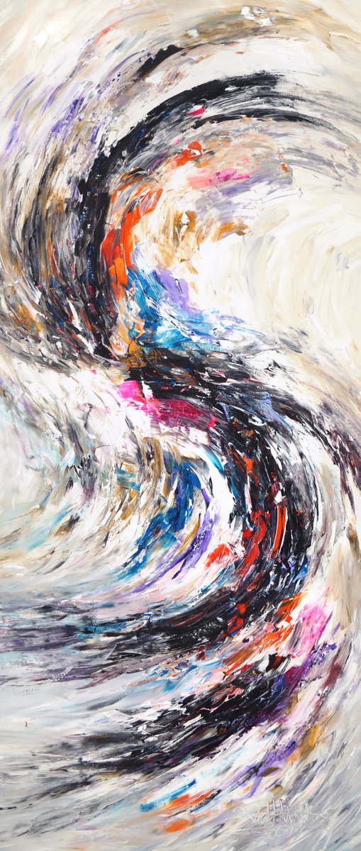 Abstract Acrylic Painting By Peter Nottrott, 33 X 79", Stick: Black And White 7, Original Artwork