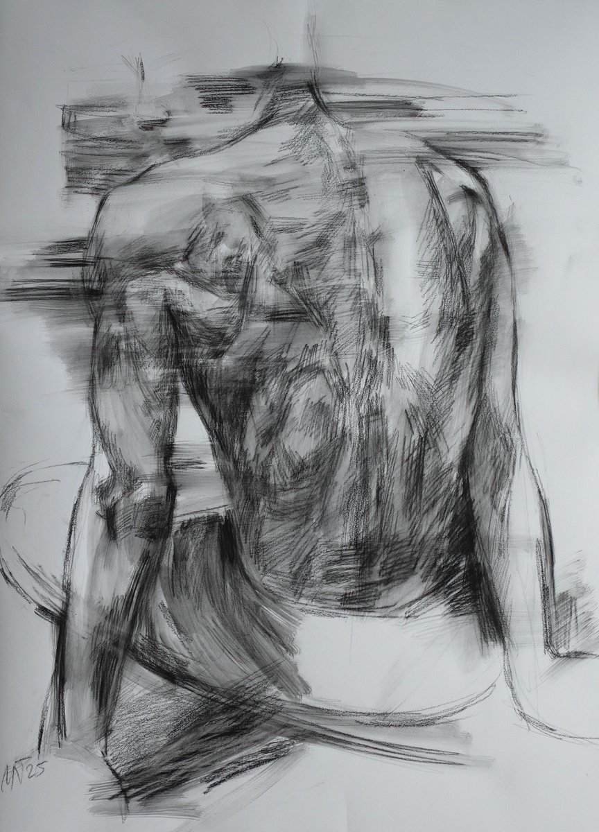 Expressive Charcoal Drawing , Sketch Of A Man From Behind By Nelina Trubach-Moshnikova, 20 X 28, Artwork For Sale On Artfinder