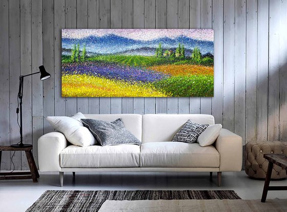 Large lavender wheat Impressionist Painting Large Summer fields Beautiful landscape