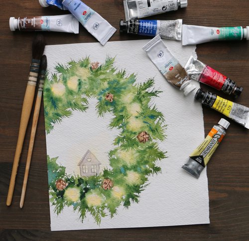 Christmas wreath. Original watercolor artwork. by Evgeniya Mokeeva