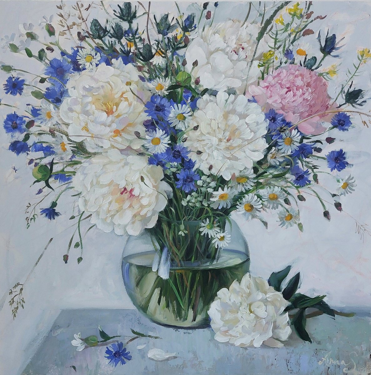 Impressionistic Botanical Acrylic Painting By Anna Silabrama, 39 X 39, Vase Of Summer Light, Original Artwork