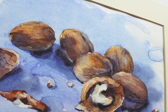 Watercolor still life of walnuts, Vegetarian art for kitchen