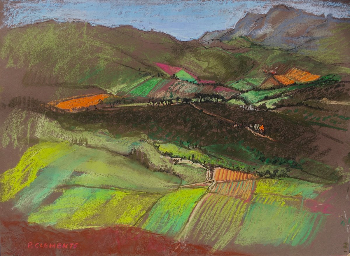 Impressionistic Landscape Pastel Drawing By Patricia Clements, 28 X 20", Ronda In Spain, Original Artwork