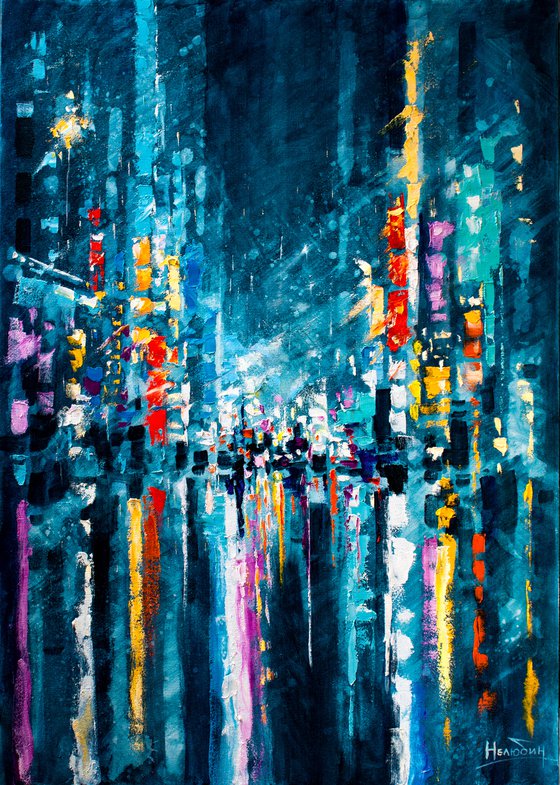 "Night city" Large painting 85x60 cm