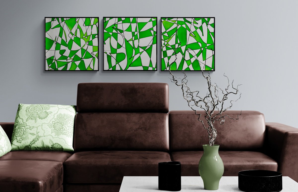 Abstract No. 14320 green & white  -set of 3 by Anita Kaufmann