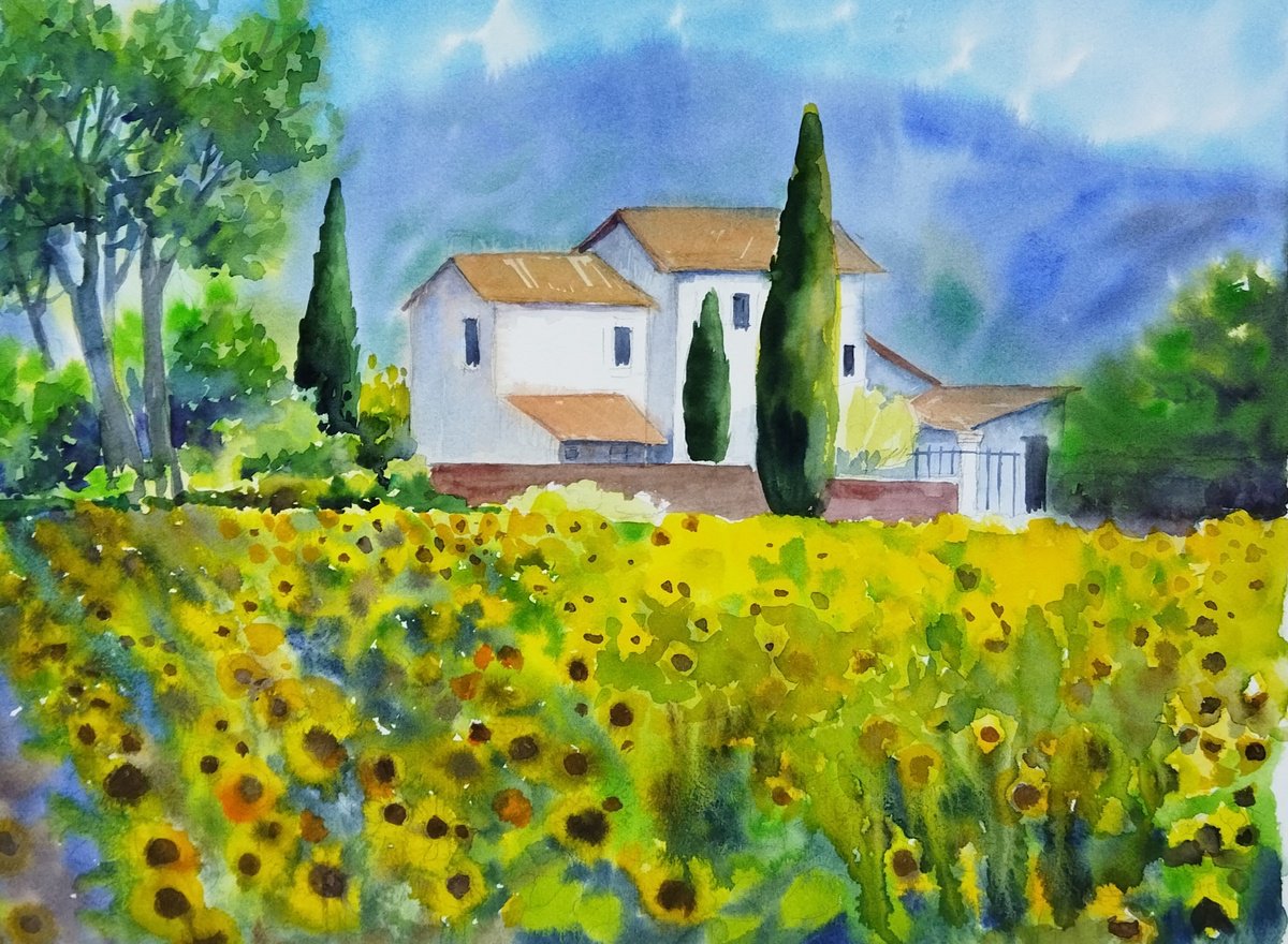 Impressionistic Landscape Watercolour By Ann Krasikova, 16 X 12, Golden Echoes Of Summer, Original Artwork