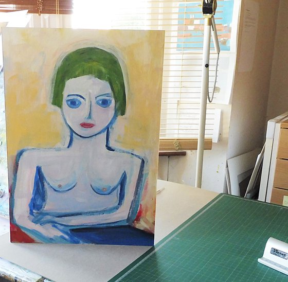NUDE GIRL PORTRAIT, BLUE EYES, GREEN HAIR. Original Female Figurative Acrylic Painting. Varnished.