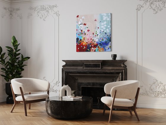 Square acrylic painting with flowers “Phenomena VI” 90x90cm
