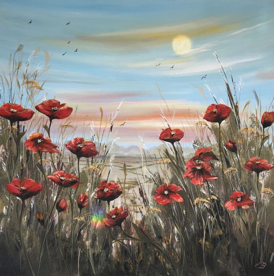 Red poppies under full moon