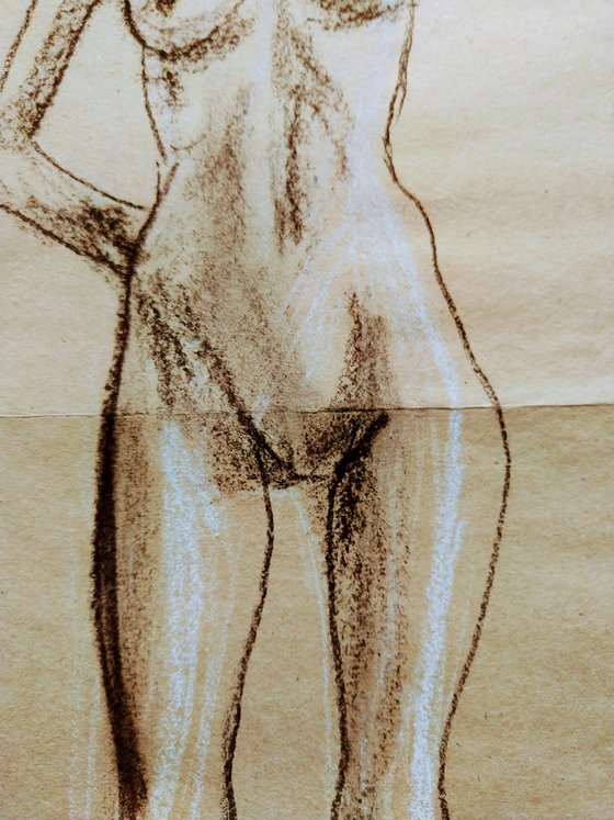 Nude. Sketch. Original pastel drawing on beige paper