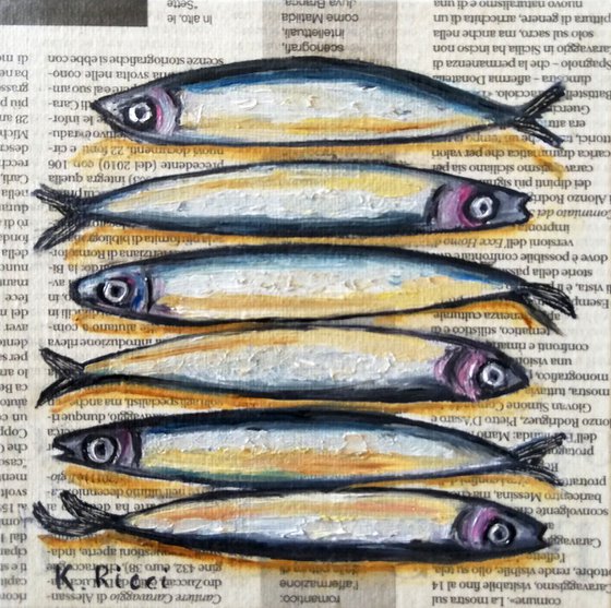 "Fishes  on Newspaper" Original Oil on Canvas Board Painting 6 by 6 inches (15x15 cm)